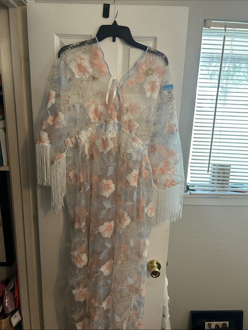 Sheer Floral Embroidered Fringe Duster - Peach & Light Blue